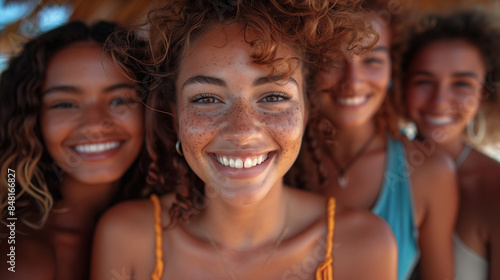 Four women smile for the camera, their faces glowing with happiness and sun-kissed skin