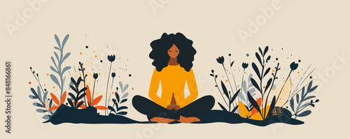 Body positive woman. Beautiful stylish plus size girl sitting in yoga pose. Healthy active lifestyle, keeping fit, meditation concept Vector flat minimalistic isolated illustration