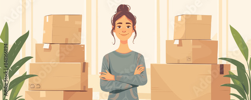Relocation concept. Happy young woman moving into a house, apartment. Smiling girl packing or unpacking cardboard boxes. Relocating to a new home. Vector flat minimalistic isolated illustration
