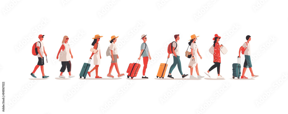 Tourists with luggage at the airport set. Collection of young and happy traveling people carrying suitcases, bags. Summer vacation, holiday, journey concept. Vector Tourists with luggage at the airport set. Collection of young and happy traveling people carrying suitcases, bags. Summer vacation, holiday, journey concept. Vector