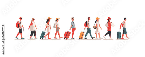 Tourists with luggage at the airport set. Collection of young and happy traveling people carrying suitcases, bags. Summer vacation, holiday, journey concept. Vector