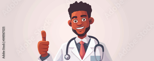 Happy black male doctor showing a thumb up gesture and smiling. Afro american professional surgeon in uniform with a stethoscope. Vector flat minimalistic isolated illustration