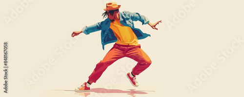 Street dancer in hip-hop style. Illustration of a young man entertaining the crowd with his dance moves. Vector flat minimalistic isolated illustration