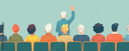 Back view of older student raising his hand to answer teacher's question during education training class. Vector flat minimalistic isolated