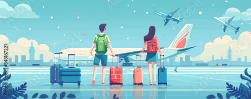 Tourists with luggage at the airport. Young traveling couple with bags going on vacation abroad by plane. Summer holiday, journey, trip concept. Vector flat minimalistic isolated illustration