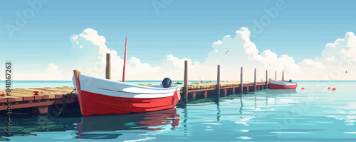 Peaceful seaside pier extending into calm waters, with fishing boats docked along the wooden planks. Vector flat minimalistic isolated illustration