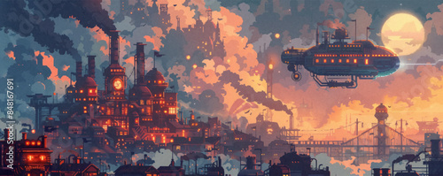 Steampunk cityscape with industrial buildings, airships, and steam-powered machinery. Vector flat minimalistic isolated illustration.