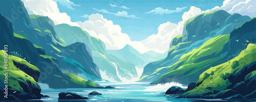 Mountain river rushing through green hills and rocks. Vector flat minimalistic isolated illustration