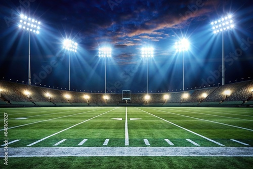 American football field illuminated by stadium lights at night, sports, stadium, night, competition, game, football
