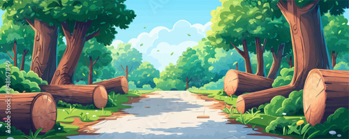 Fallen logs of trees from the forest lie on the road, transportation to the sawmill, green nature, fresh wood for construction, a path into the woods. vector simple