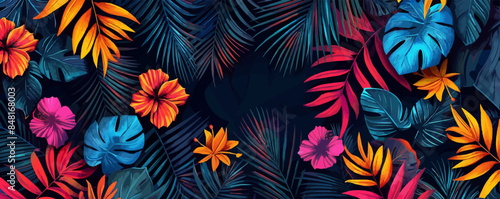 Drawing of palm leaves and flowers in a modern style, tropical print pattern on a black background, cod art botanical design, bright colors. vector simple illustration