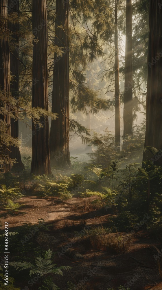 Fototapeta premium Serene forest pathway at dawn, bathed in soft sunlight, surrounded by tall trees and lush greenery, inviting a peaceful nature walk.