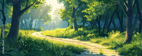 Tranquil countryside pathway winding through a lush green forest, with sunlight filtering through the trees. Vector flat minimalistic isolated illustration