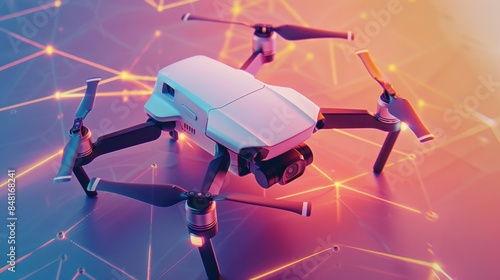 A high-tech drone with a compact and foldable design, presented on a clear background with geometric patterns and light gradients, highlighting its versatility and advanced features. 