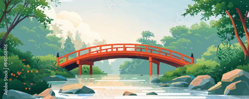 Cozy rural bridge over a picturesque river with crystal clear water. Vector flat minimalistic isolated illustration