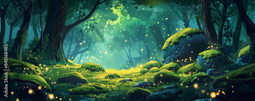 Enchanted forest glen with moss-covered rocks and sparkling fairy lights. Vector flat minimalistic isolated illustration.
