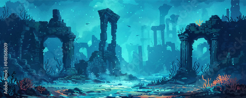 Ghostly underwater city with ruins of ancient structures and marine creatures. Vector flat minimalistic isolated illustration