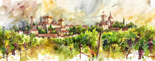 Vineyard on the background of medieval castle. Watercolor style. vector simple illustration