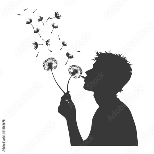 Silhouette of a boy blowing dandelion seeds, vector art.