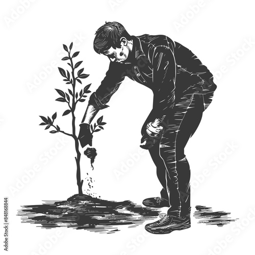 Monochrome Illustration: Man Planting Sapling Tree, Tending to Soil, Environmental Conservation.