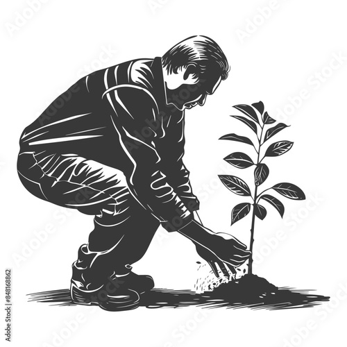 Man Planting Seedling: Hand-Drawn, Monochrome, Eco-Conscious.