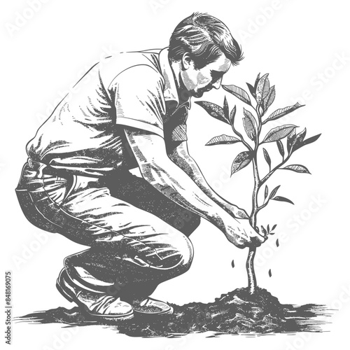 Monochrome Sketch: Man Planting Young Tree, Environmental Stewardship Illustration.