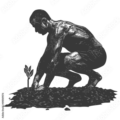 Etched Man Planting Sprout: Hope, Growth, and Resilience Concept Illustration.