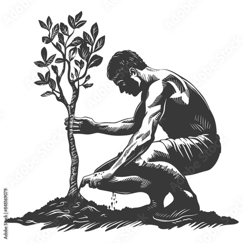 Etched Man Planting Tree: Nature's Growth, Hope, and Sustainability.