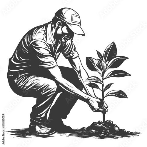 Monochrome Farmer Planting Sapling, Squatting, Conservation Effort