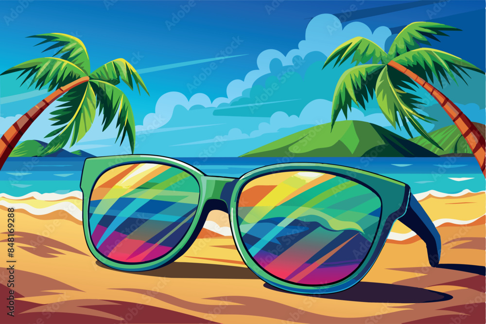 A beach scene at sunset with brightly colored sunglasses in the foreground. The reflection in them shows a palm tree and the sun setting over the horizon over the ocean. A beach scene at sunset with brightly colored sunglasses in the foreground. The reflection in them shows a palm tree and the sun setting over the horizon over the ocean.