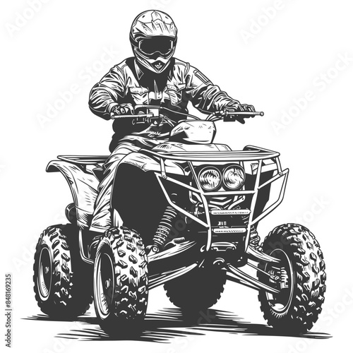 Monochrome ATV rider with helmet: Detailed vector illustration, off-road adventure.