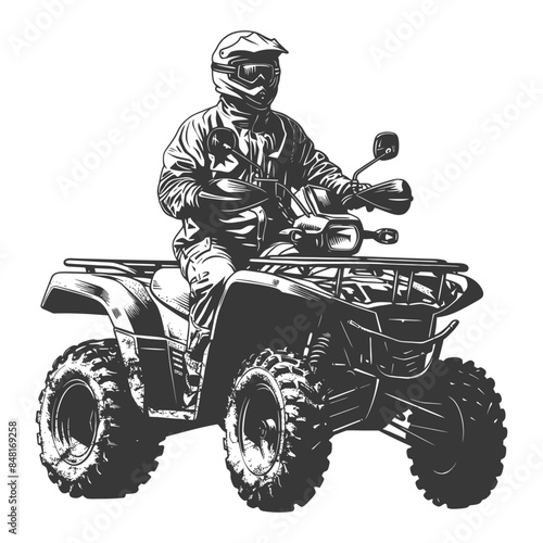 ATV Rider Illustration: Off-Road Adventure, Helmeted Figure, Grayscale Quad Bike.