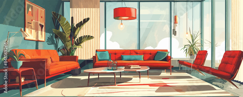 Interior in mid century art style. vector simple illustration