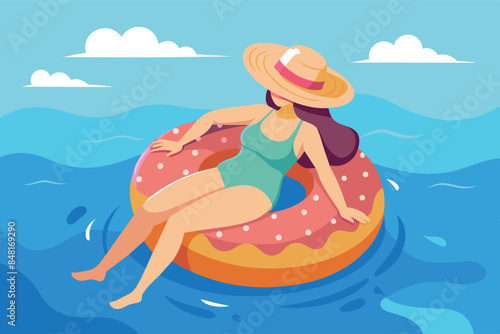 a girl in a swimsuit sitting on a donut-shaped inflatable circle in the water, probably in a swimming pool. Mountains and palm trees can be seen all around. She is wearing a wide-brimmed hat