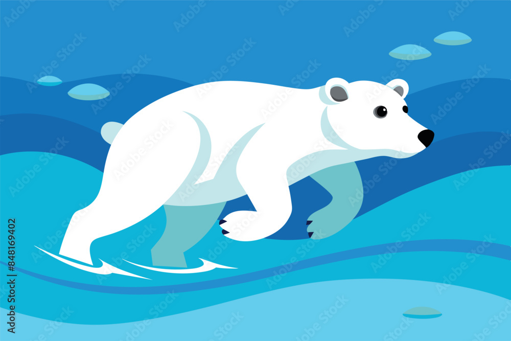 Fototapeta premium polar bear swimming in water surrounded by icebergs. The background is a night sky with northern lights and a full moon.