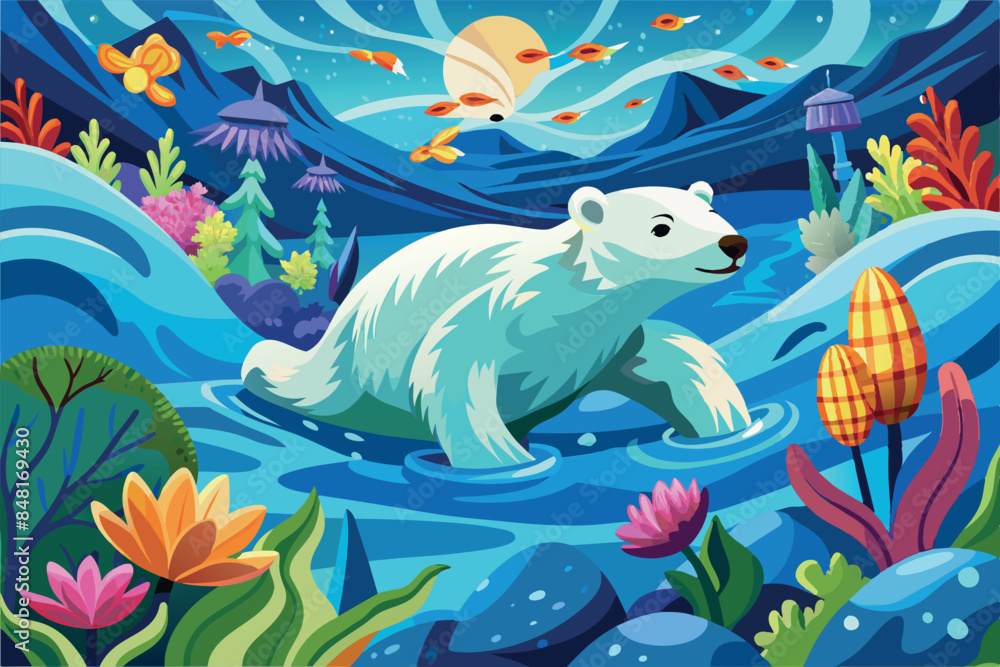 Fototapeta premium polar bear swimming in water surrounded by icebergs. The background is a night sky with northern lights and a full moon.