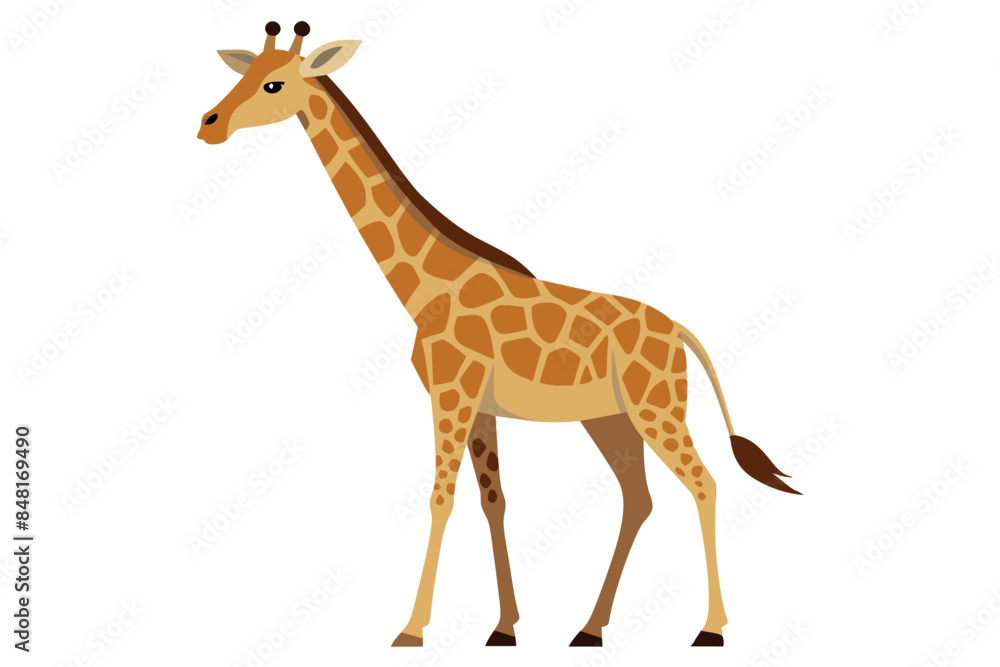 A cartoon style giraffe standing on the savannah. This image is interesting because it represents the tranquil natural environment usually associated with African wildlife. A cartoon style giraffe standing on the savannah. This image is interesting because it represents the tranquil natural environment usually associated with African wildlife.