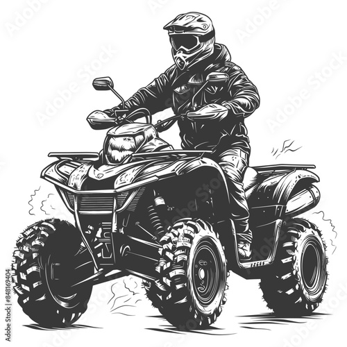 ATV Rider in Protective Gear, Monochrome Vector Illustration