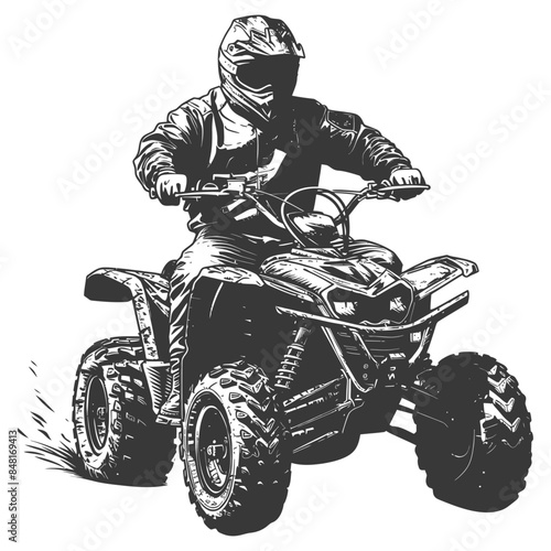 ATV Rider Sketch: Front View, Helmeted Figure on Quad Bike, Detailed Vector Illustration.