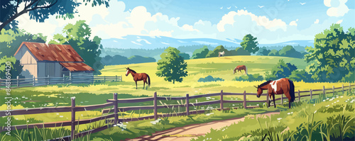 Cozy countryside stable with wooden fences, grooming brushes, and horses grazing in the pasture. Vector flat minimalistic isolated illustration