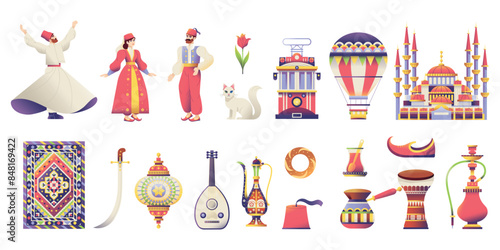 Vector Travel Turkey Symbols Cartoon Set Illustration Isolated