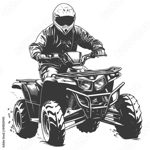 Monochrome ATV Rider: Helmeted Figure on Quad Bike, Detailed Illustration.