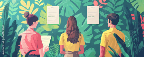 Recruitment, hr, hiring concept. Recruiter analyzing resume and choosing among job applicants. Human resources manager reading cv, searching for an employee. Vector flat 
