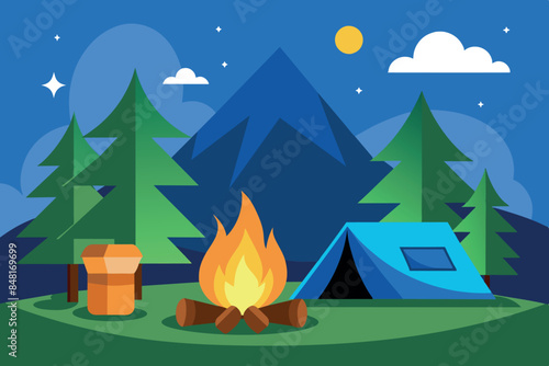 A camping scene in a forest clearing by a lake. A burning campfire can be seen in the foreground. The background of the image consists of towering hills, mountains under a sunset sky and pine trees