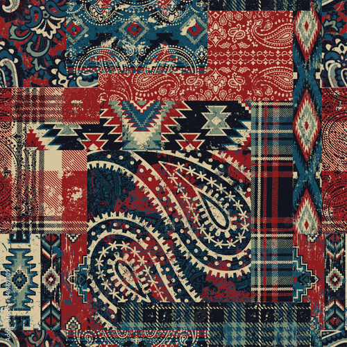 Bandana paisley native motifs and tartan plaid fabric patchwork abstract grunge vector seamless pattern for scarf kerchief shirt fabric wrapping carpet rug tablecloth pillow