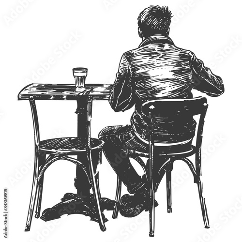 man sitting at a table in the cafe bar restaurant with engraving style