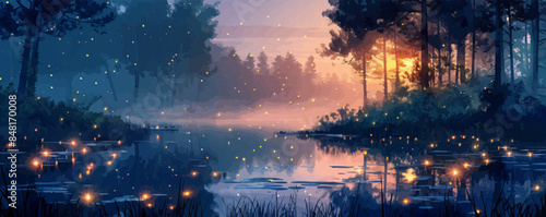 Mystical forest pond surrounded by towering trees and illuminated by fireflies. Vector flat minimalistic isolated