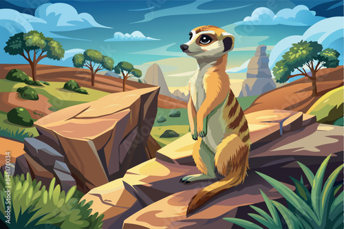 A marmot standing on a rock overlooking the African savannah during sunset. it is in a watchful pose looking into the distance. Various plants such as trees and shrubs can be seen in the environment