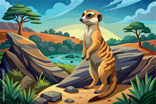 A marmot standing on a rock overlooking the African savannah during sunset. it is in a watchful pose looking into the distance. Various plants such as trees and shrubs can be seen in the environment