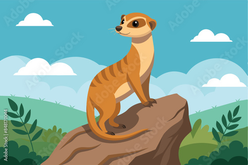 A marmot standing on a rock overlooking the African savannah during sunset. it is in a watchful pose looking into the distance. Various plants such as trees and shrubs can be seen in the environment